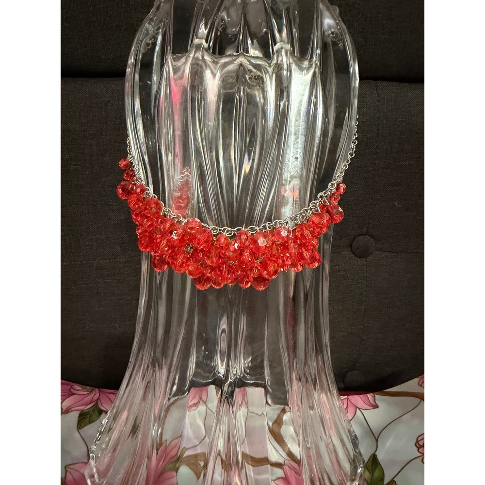 Red Faceted Bead Statement Bib Necklace Silver Tone Adjustable Chain Chunky